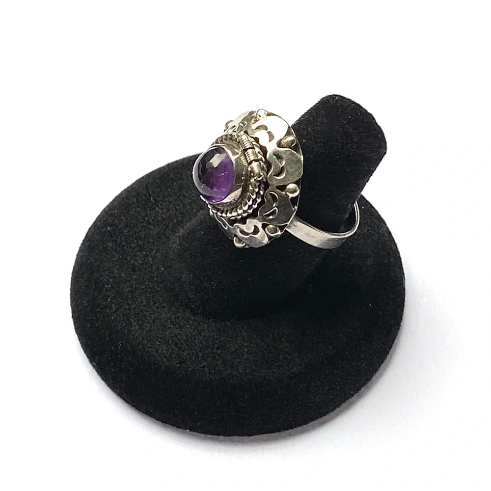 Vintage Taxco Sterling Silver Amethyst Poison Ring Adjustable